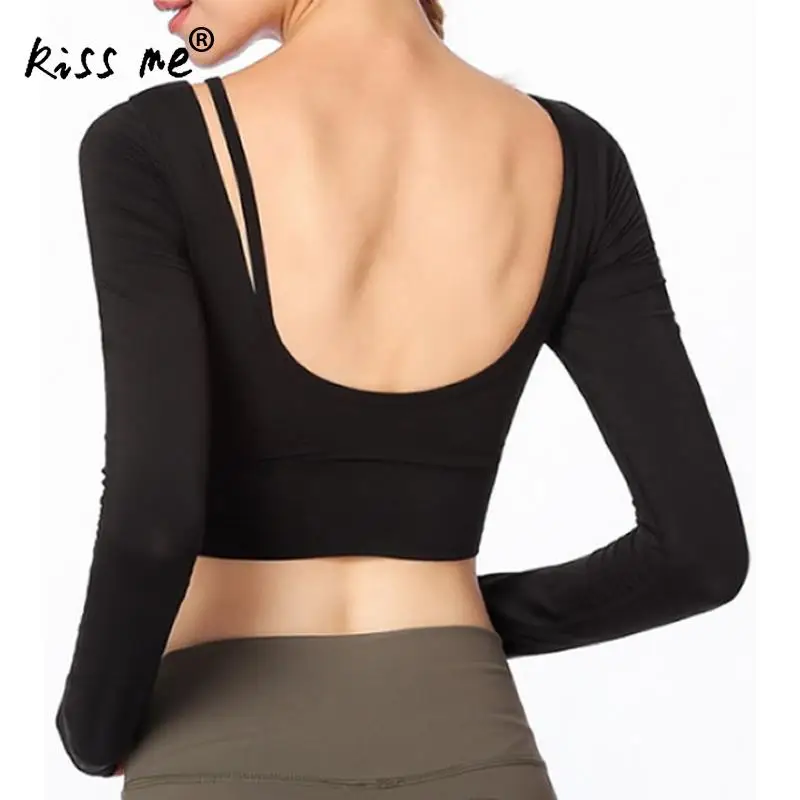 Обтягивающие стильные рубашки для йоги, женский спортивный костюм для фитнеса, одежда для спортзала, тренировочная спортивная одежда с открытой спиной, одноцветная рубашка с длинным рукавом