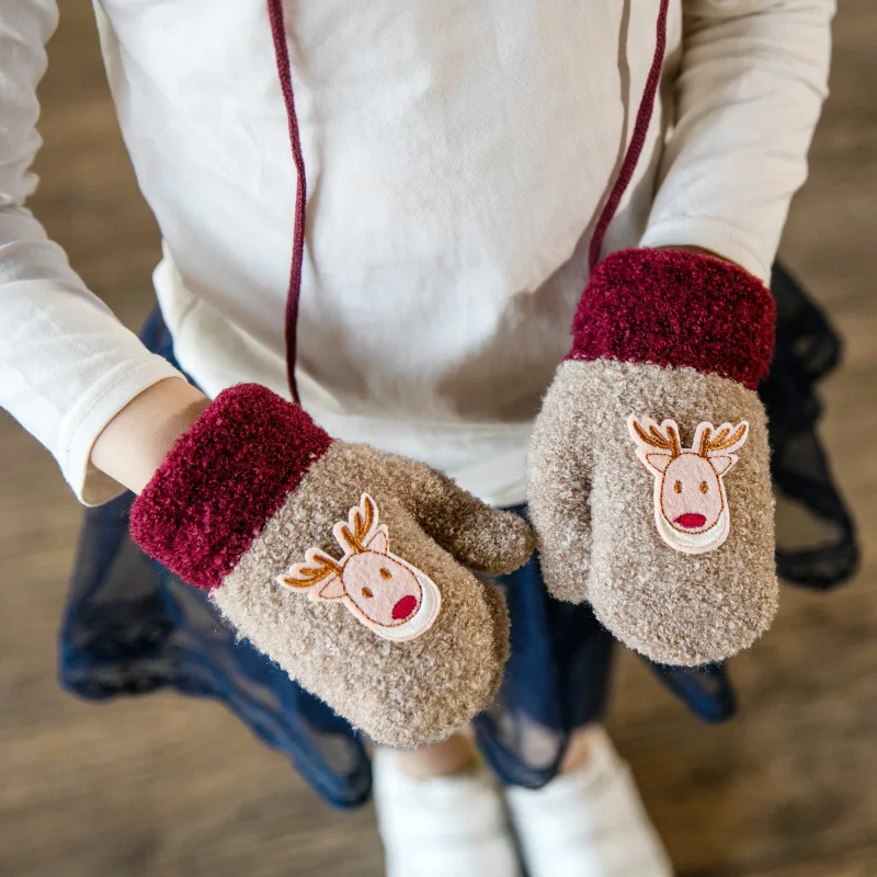 Милые детские варежки с оленем; новые модные зимние флисовые перчатки для детей; зимние теплые разноцветные варежки в стиле пэчворк; плотные перчатки; шапка - Цвет: khaki