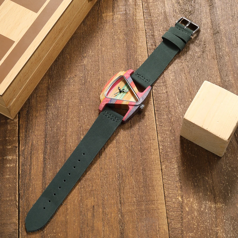 Unique Colorful Wood Watch Creative Triangle Shape Dial Hour Clock Women Quartz Leather Bracelet Watch Women's Wrist Reloj Mujer