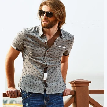 

2019 Summer New Linen Cotton Chemise Homme Short Sleeve Printed Gomlek Erkek