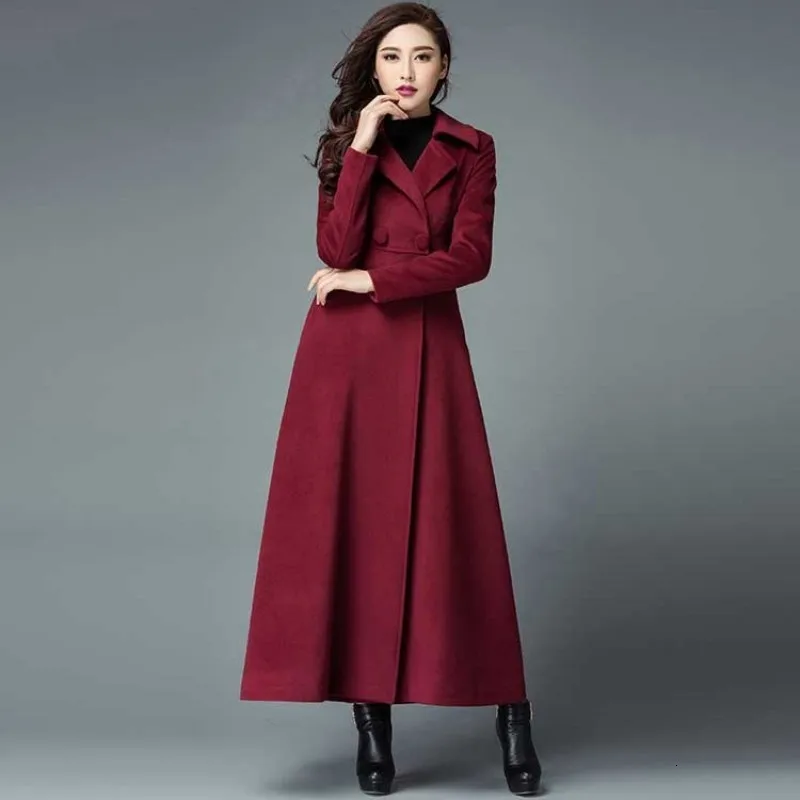 Wine red Зимнее женское шерстяное длинное пальто с классическим поясом и высокой талией, женская верхняя одежда в стиле милитари, шерстяное пальто, ветровка - Цвет: Wine red