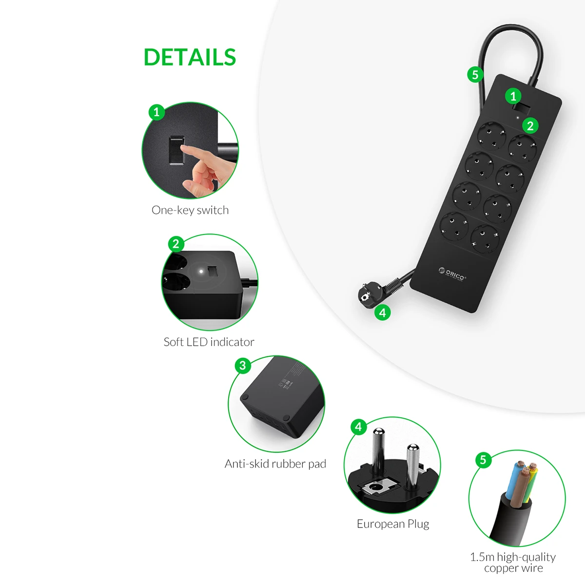 Plugue da ue Adaptador de Energia Orico Tomada Elétrica Cabo Extensão Tira Inteligente Soquetes 8ac 5 Usb - Image 5