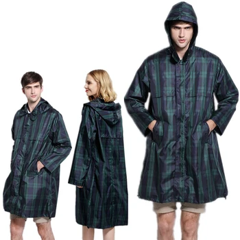 

Waterproof Rain Coat Adult Green Grid Fashion Plastic Trench Coat Polyester Overall Hooded Poncho For Men Women Travel Cloak