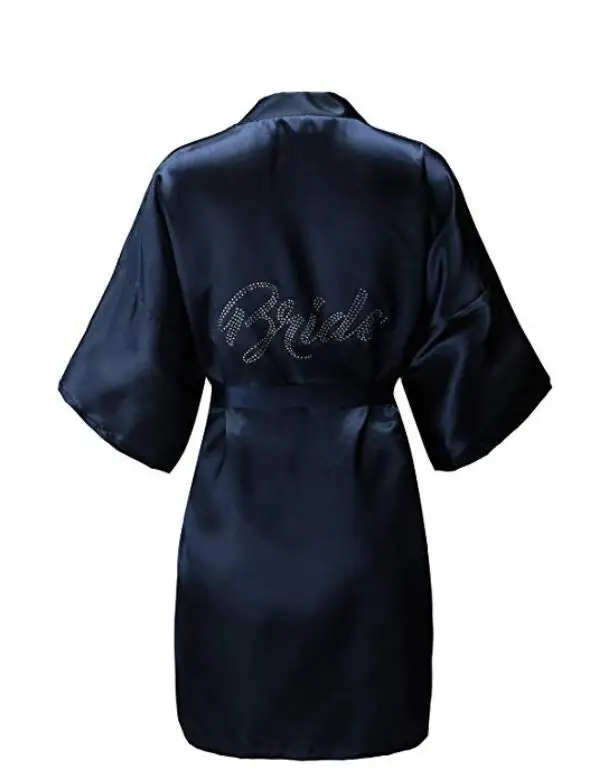 Темно-синий халат Атласный Женский кимоно для невесты Халаты атласный горный хрусталь короткое свадебное кимоно халат невесты Свадебная вечеринка - Цвет: navy Bride