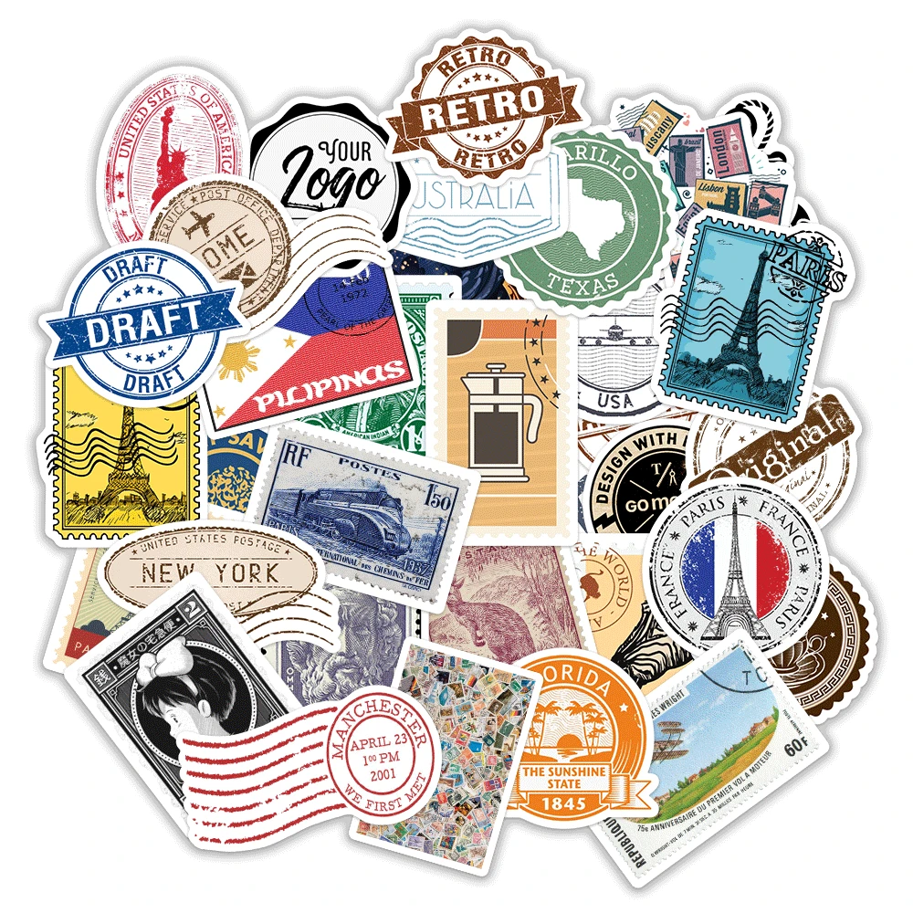 50Pcs Vinyl Vintage Stamp Stickers Toys Decals for Suitcase Laptop Luggage Water Bottle Phone Multiple Stamp Styles No Repeat