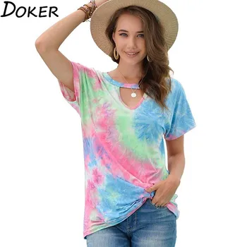 

2020 Summer Sexy Tie Dye Print T Shirt Women V-neck Short Sleeve Harajuku Tshirt Plus Size Fashions Streetwear Tee Shirt Femme