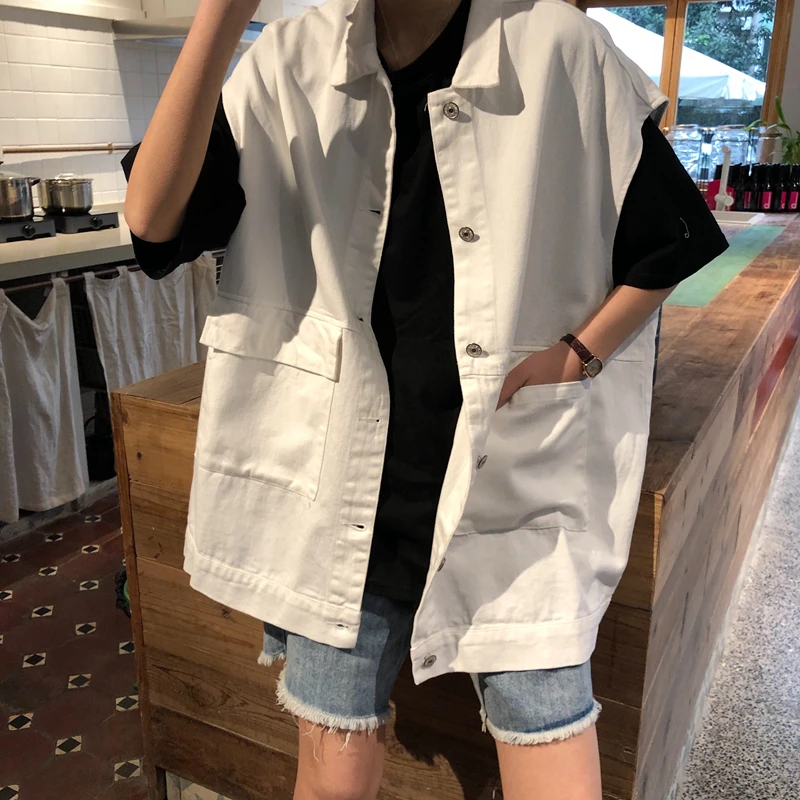 Осень harajuku BF стиль жилет пальто мода крутая уличная карманы куртки без рукавов черный белый