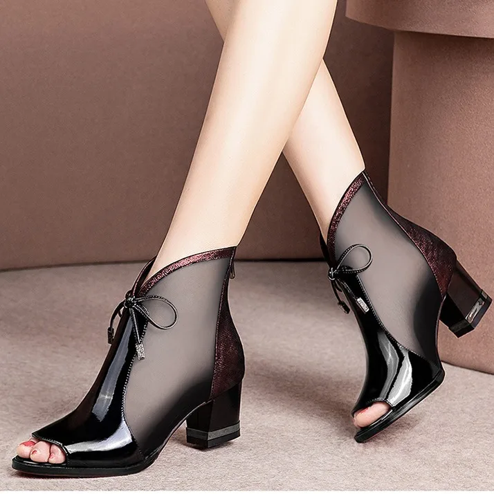 Г., модные сетчатые женские Босоножки с открытым носком летние туфли на высоком толстом каблуке черного цвета