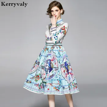 

Spring Flower Hugging Midi Pleated Shirt Dress Zomerjurk Dames 2020 Sky Blue Floral Party Dress Robe Moulante Femme K5515