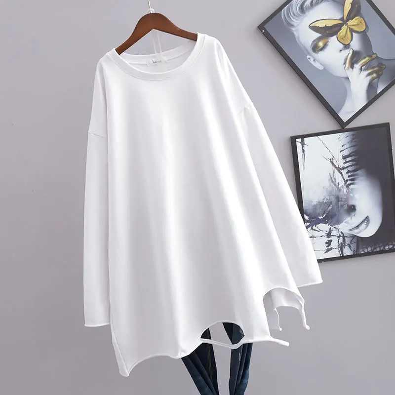 

2023 Spring & Autumn New Loose Slimming Simple White Casual Thickened Hole Street Style Long Sleeve T-shirt Women Free Shipping