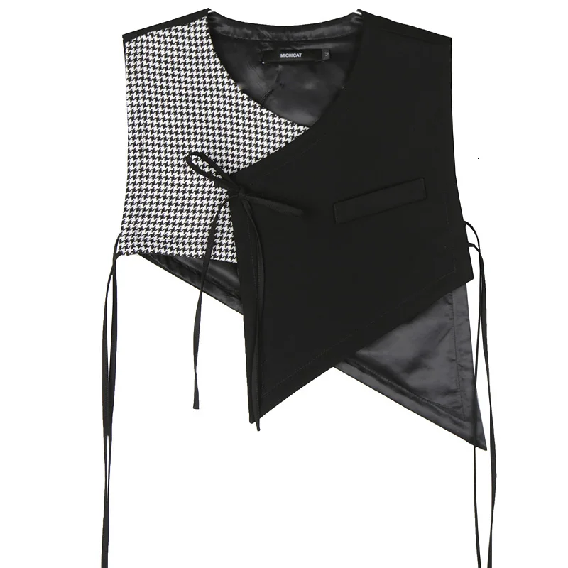 [EAM] Женский ассиметричный Свободный жилет в черную клетку с разрезом, модный жилет без рукавов с v-образным вырезом, весна-осень 1H073 - Цвет: black