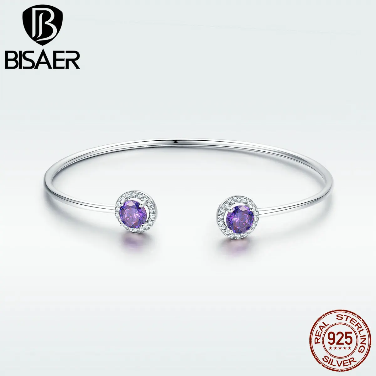Браслет bisaer для женщин, 925 пробы, серебряный, фиолетовый, кубический цирконий, браслет& браслет, модное ювелирное изделие, Femme Bijoux GXB098
