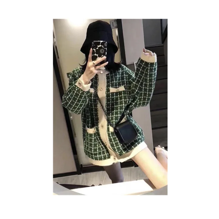 Осенне-зимний свитер, пальто, кардиган, женский модный свободный большой размер, маленький ароматный ветряной птицы, клетчатый вязаный кардиган