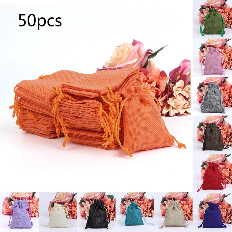 

50Pcs Vintage Natural Jute Hessian Drawstring Pouch Burlap Wedding Favor Gift Bag