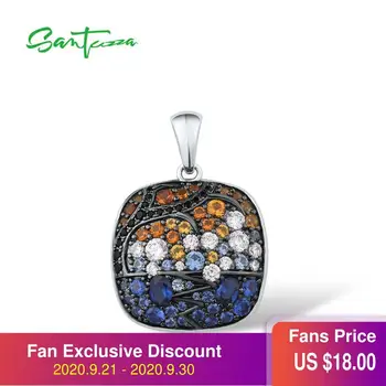 

SANTUZZA Silver Pendant For Women Genuine 925 Sterling Silver Shimmering Blue Orange Stones Square Trendy Party Fine Jewelry