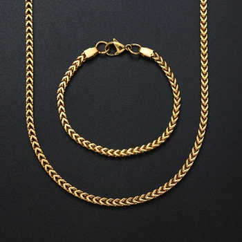 

Fashion Men's Hip-Hop Rock Jewelry Set 4MM Stainless Steel Gold Color Chain Link Necklace & Bracelet Best Gift drop shipping