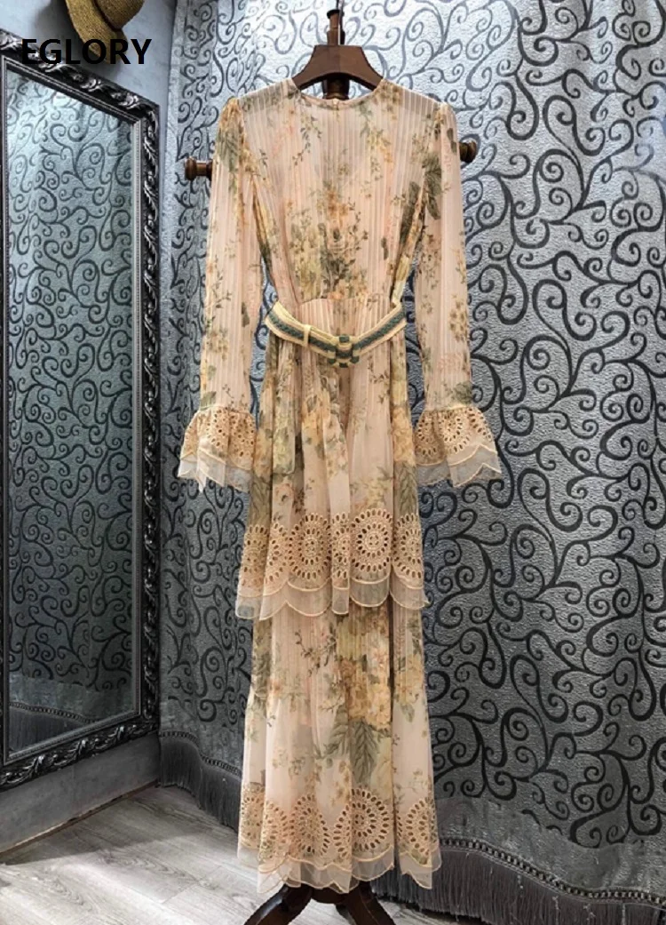 

Top Quality New Cotton Long Dress 2020 Autumn Winter Evening Club Women Elegant Floral Print Hollow Out Embroidery Dress Maxi