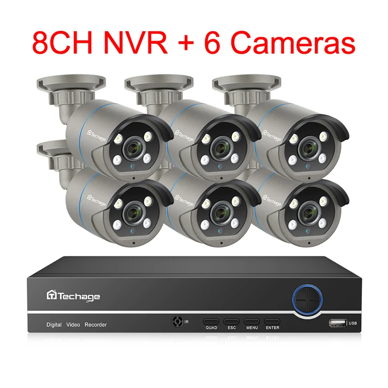 6 Cameras System Set Techage H.265 8CH 1080P POE NVR комплект видеонаблюдения Системы двухстороннее аудио 2MP AI IP Камера ИК наружного видеонаблюдения набор 2 ТБ HD - Цвет: 6 Cameras System Set