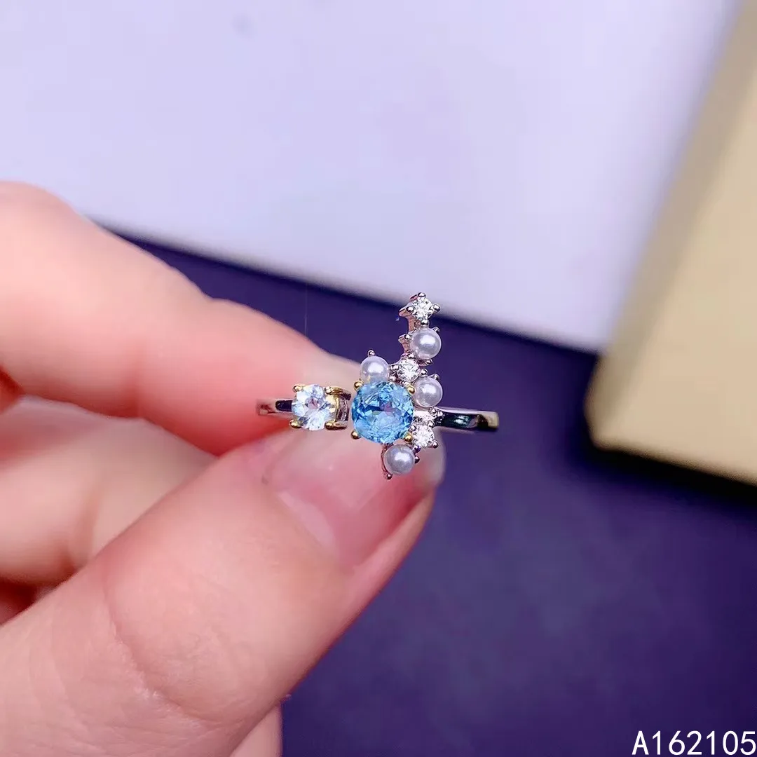 

925 pure silver Chinese style natural Swiss blue topaz Aquamarine pearl women's luxury exquisite open gem ring fine jewelry supp