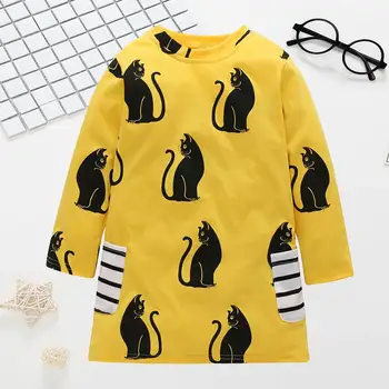 

PatPat 2020 New Spring and Autumn Cute Cat Print Striped Pockets Long-sleeve Dress for Toddler Girl