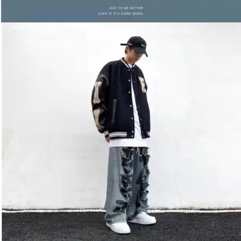 Autumn Baseball Clothes Faux Patchwork Long Sleeve Button Varsity Bomber Coat Letter Harajuku Hip Hop Men Clothes 2