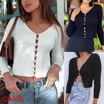 

Women Ladies Spring Autumn Long Sleeve Pearl V Neck Solid Color Slim Fit Skinny Club Knit Sexy Elegant Casual Tops