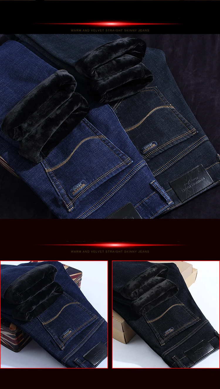 Зимние мужские теплые флисовые Джинсы Стрейчевые повседневные Прямые плотные джинсы из фланели мягкие брюки размера плюс 28-40