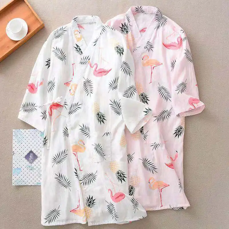 

Summer Winter 100% Cotton Robes Double Gauze Kimono Nightgown Simple Nature Flamingo Thin Section Loose Large Size Home Bathrobe