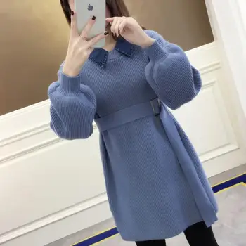 

2020 Autumn And Winter Fake Two-piece Long Knit Doll Collar Pullover Sweater Female Lazy Wind Korean Jacket