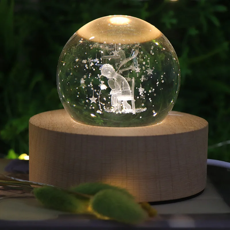 

HY Crystal Ball Night Light Beech 3D Engraved Little Prince Table Lamp Home Bedroom Decor Kis Xmas Birthday Gift Toy Luck