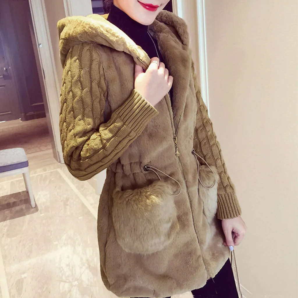 winter warm women Faux Fur Coat Women Winter Cardigan Knitting Plush Hoodies Jacket Warm Outerwear Coat#D