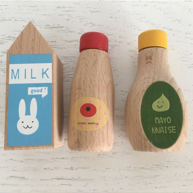 

Wooden Simulation Milk Sauce Bottle Kitchen Food Cooking Pretend Play Game Kid Child Developmental Toys