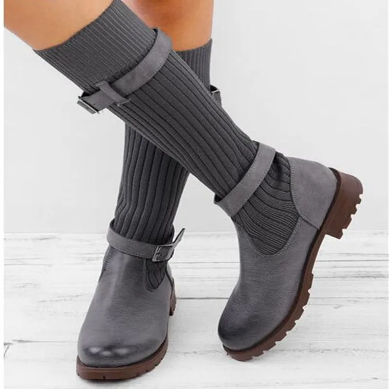 

Autumn Winter Warm Boots New Female Fashion Knee Wool Knitting Socks Temperament Long Shoes Round Head Wear-resistant Soft Boots