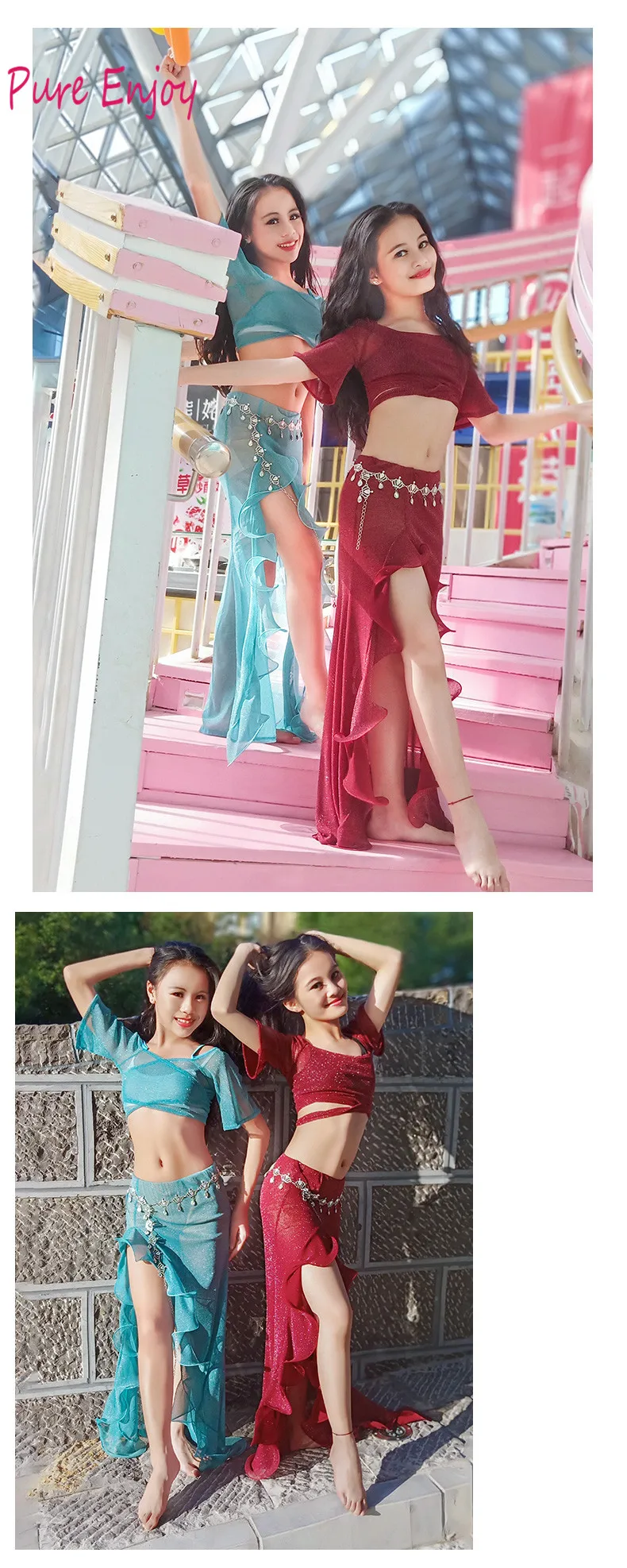 NEW! Сетка девушки Belly Dance костюмы старший с короткими рукавами топ+ длинная юбка 2шт. Набор танец живота для девочек костюмы для танца живота M L