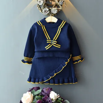 

Yorkzaler Autumn Winter Girl Clothing Set Printed Striped Children 2pcs Outfits Sweater With Skirt Knitted Toddler Clothes Suit