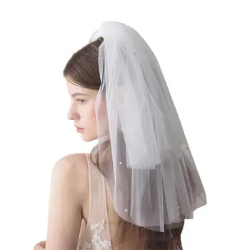 

Multi Layer Womens White Tulle Short Shoulder Length Wedding Veil Jewelry Rhinestone Embellished Bridal Accessories with Comb