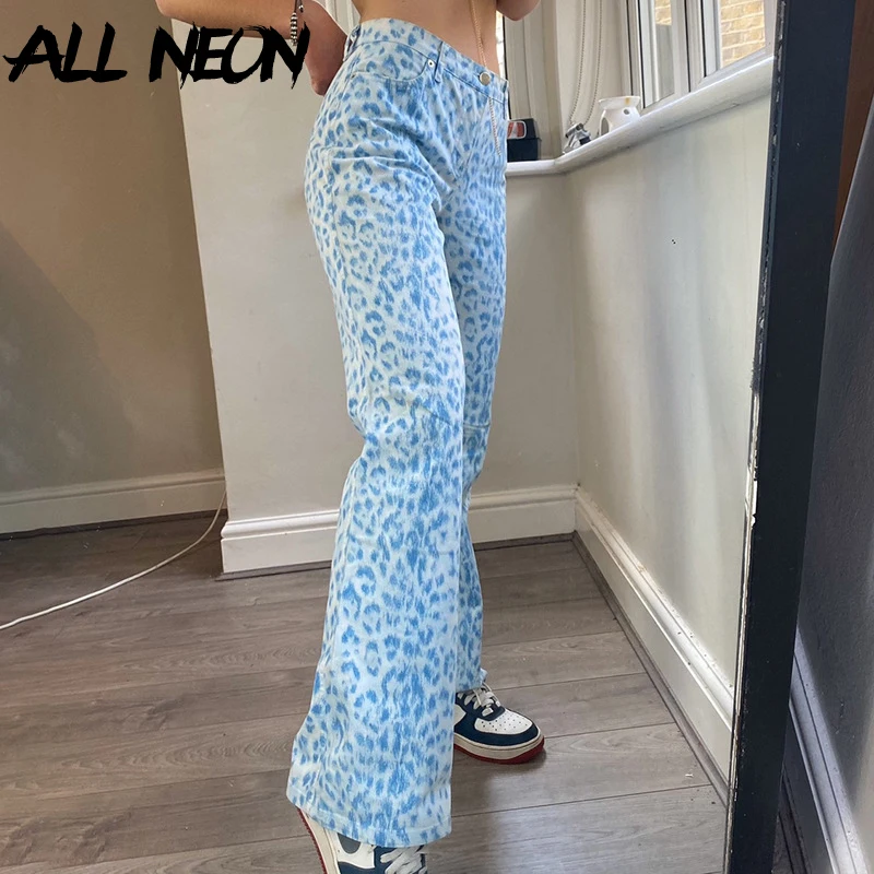 

ALLNeon Y2K Aesthetics Leopard Pattern High Waist Long Pants Harajuku Blue Slim Animal Printing Straight Trousers Vintage 90s