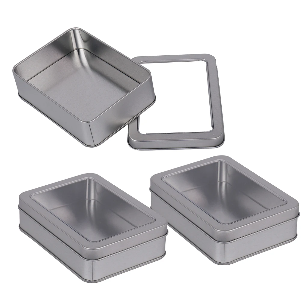 3x Rectangle Tin Storage With Window Lids Small Parts Beads Storage Case Box