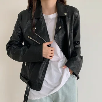 

Cotton PU Moto Jacket Women Zipper Faux Leather Biker Jackets In Black