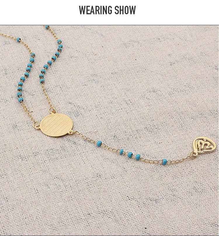 

Stainless Steel Muslim Arabic Printed Pendant Blue Color Beads Rosary Necklace Long Chain Jewelry Accept dropshipping