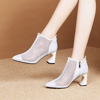 

High heels Summer Boots 2020 Fashion Newest poined Toe Thick Heels Pumps Vintage Night Club Zipper Shoes Woman