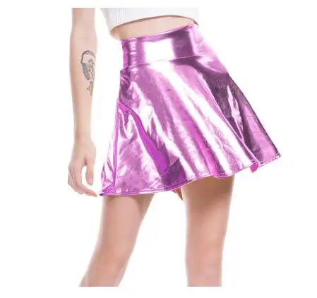 1pcs/lot High Waist PU Skirt Women Casual Gold Skirt Faux Leather Skirt Skater Pleated solid pu skirt summer skirts