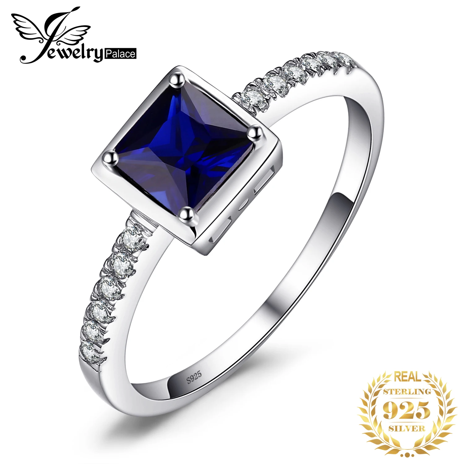 JewelryPalace Square Created Blue Sapphire 925 Sterling Silver Solitaire Ring for Women Fashion Gemstone Engagement Wedding Gift