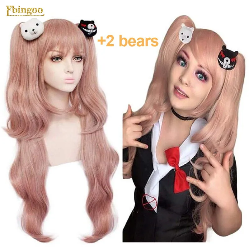 Ebingoo Danganronpa джунко эношима парик двойной хвост Розовый Синтетический косплей парик длинный натуральный волнистый парик с челкой+ головной убор