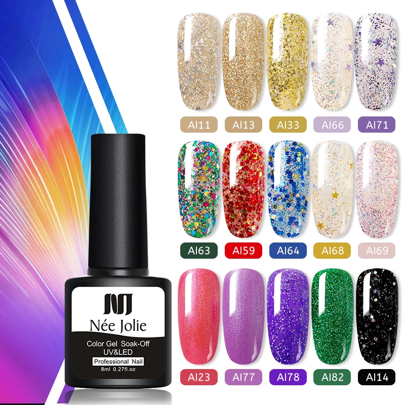 

NEE JOLIE 8ml Gel Nail Polish Glitter For Manicures Nail Art Permanant UV LED Lamp DIY Nail Varnishes Base Top Coat Gel