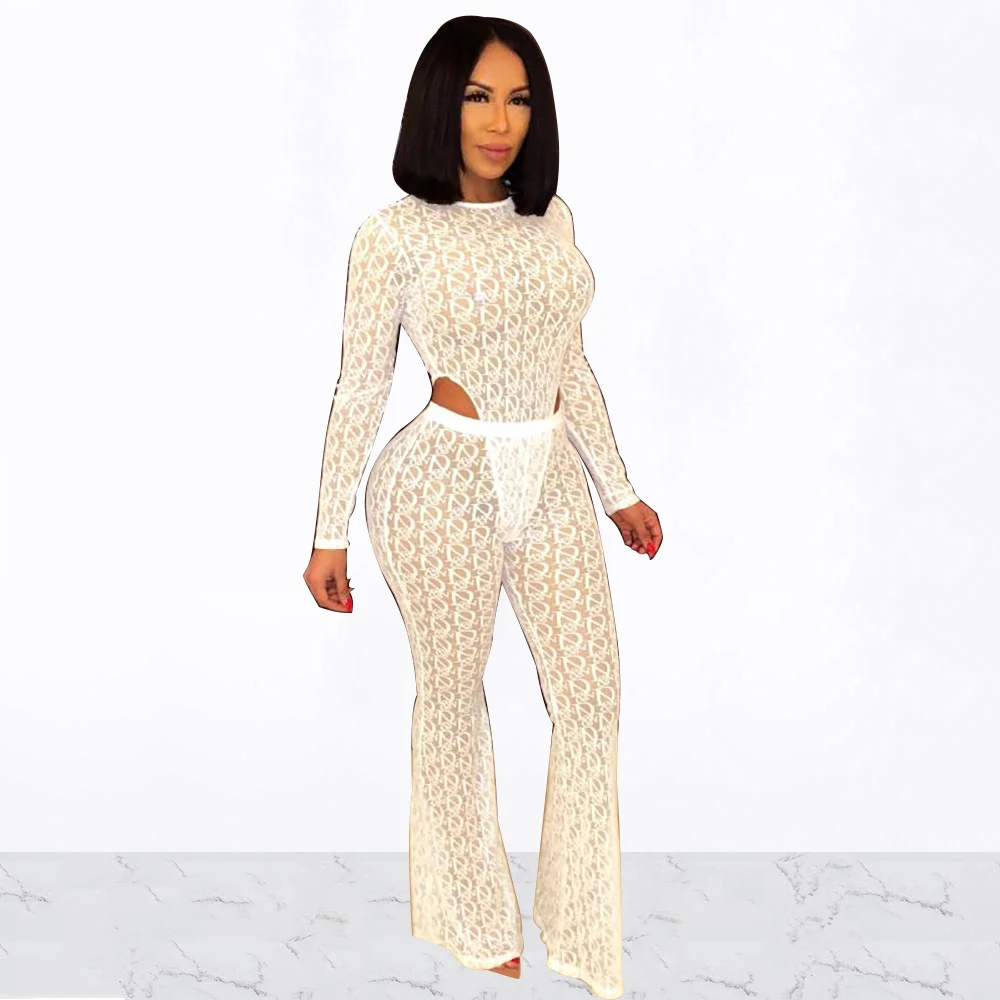 

Women Lace Hollow Out Transparent Bodysuit and Flare Long Elastic Pants 2 Piece Set Slim Bodycon Clubwear Sexy Party Outfits