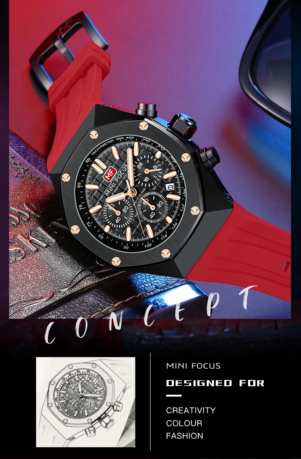 MINI FOCUS Polygon Design Alloy Quartz Wristwatch Luxury Brand Watch Men High Quality Silicone Chronograph Sport Waterproof Male