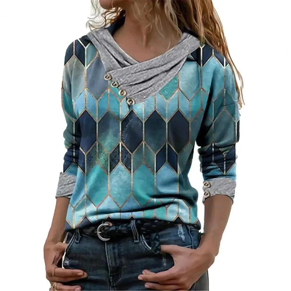 Female Shirt Geometric Printed V-Neck Metal Button Ring Blouse Long Sleeve Women Blouse And Top Clothing 1