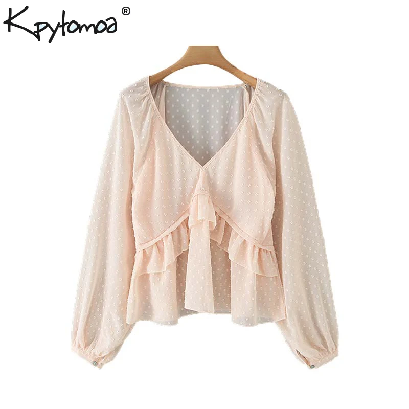  Vintage Elegant Ruffles Dot Solid Tops Women Blouses 2020 Fashion V Neck Lantern Sleeve Ladies Shir