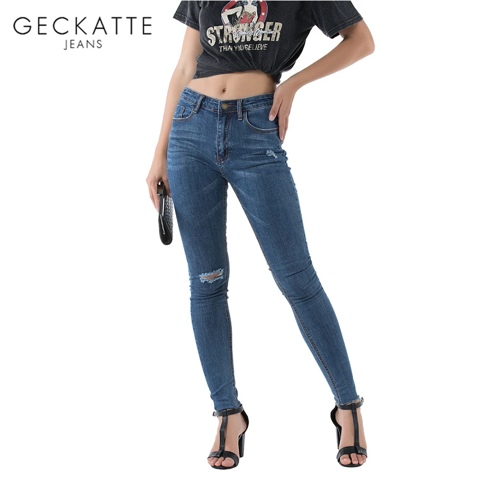 

GECKATTE Navy Blue High Waist Bodycon Stretch Jeans Woman Autumn Winter Skinny Elastic Jean Pants Ladies Ripped Jeans Trousers